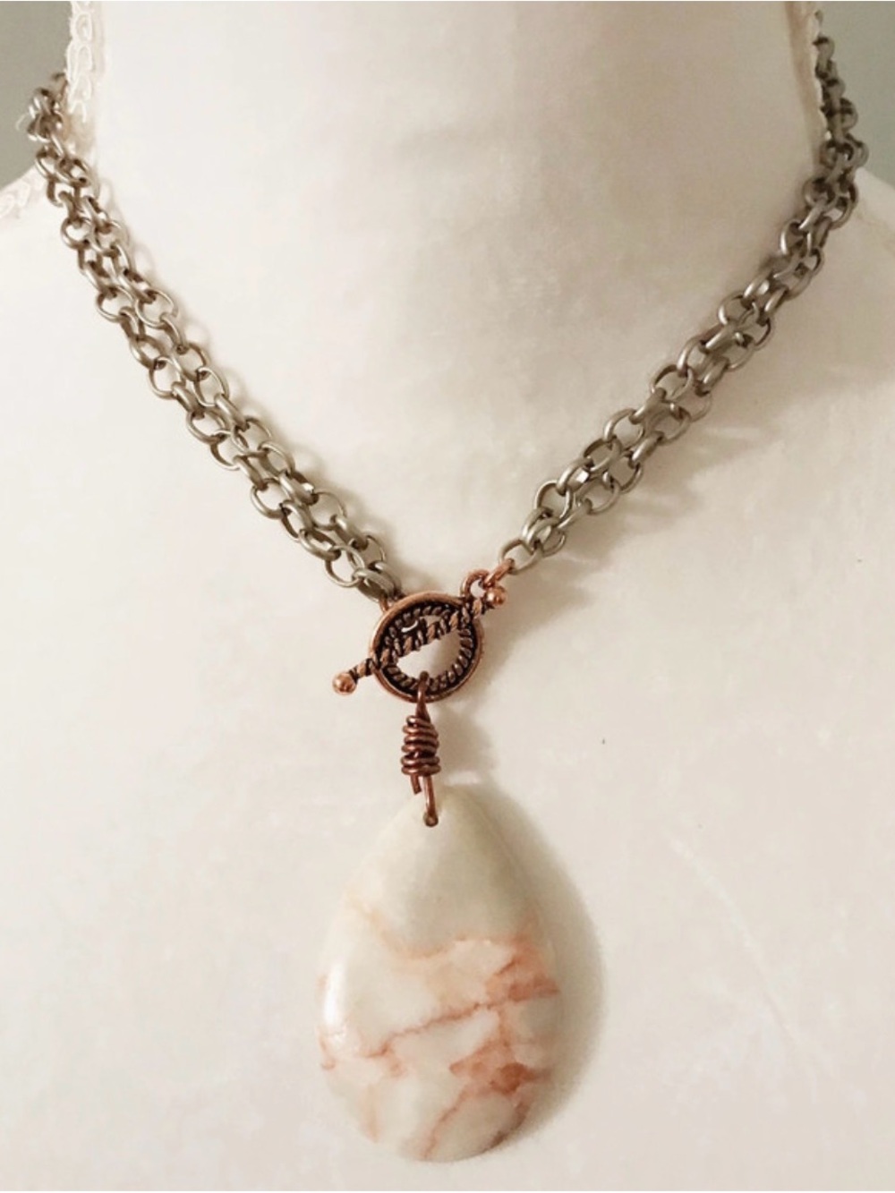 Cream Marbled Teardrop Pendant Necklace with Rose-Gold Accents